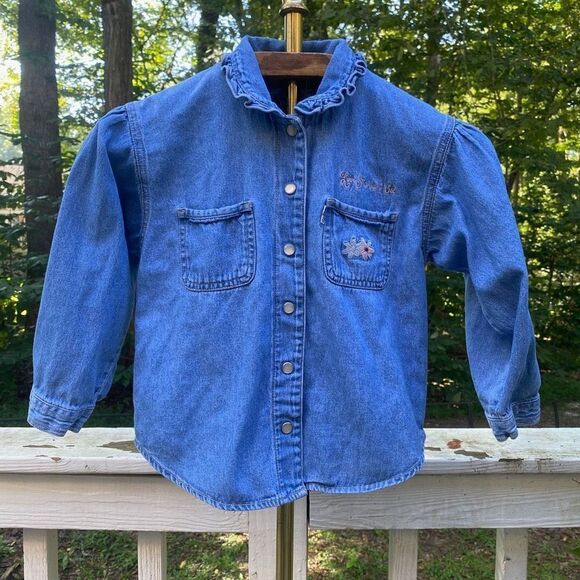 Vintage 90s Levi’s Girl’s Denim Floral Embroidered Blouse - Picture 2 of 6